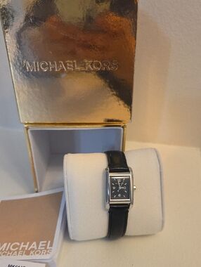 Michael Kors Black Leather Strap Silver-Tone Rectangular Watch